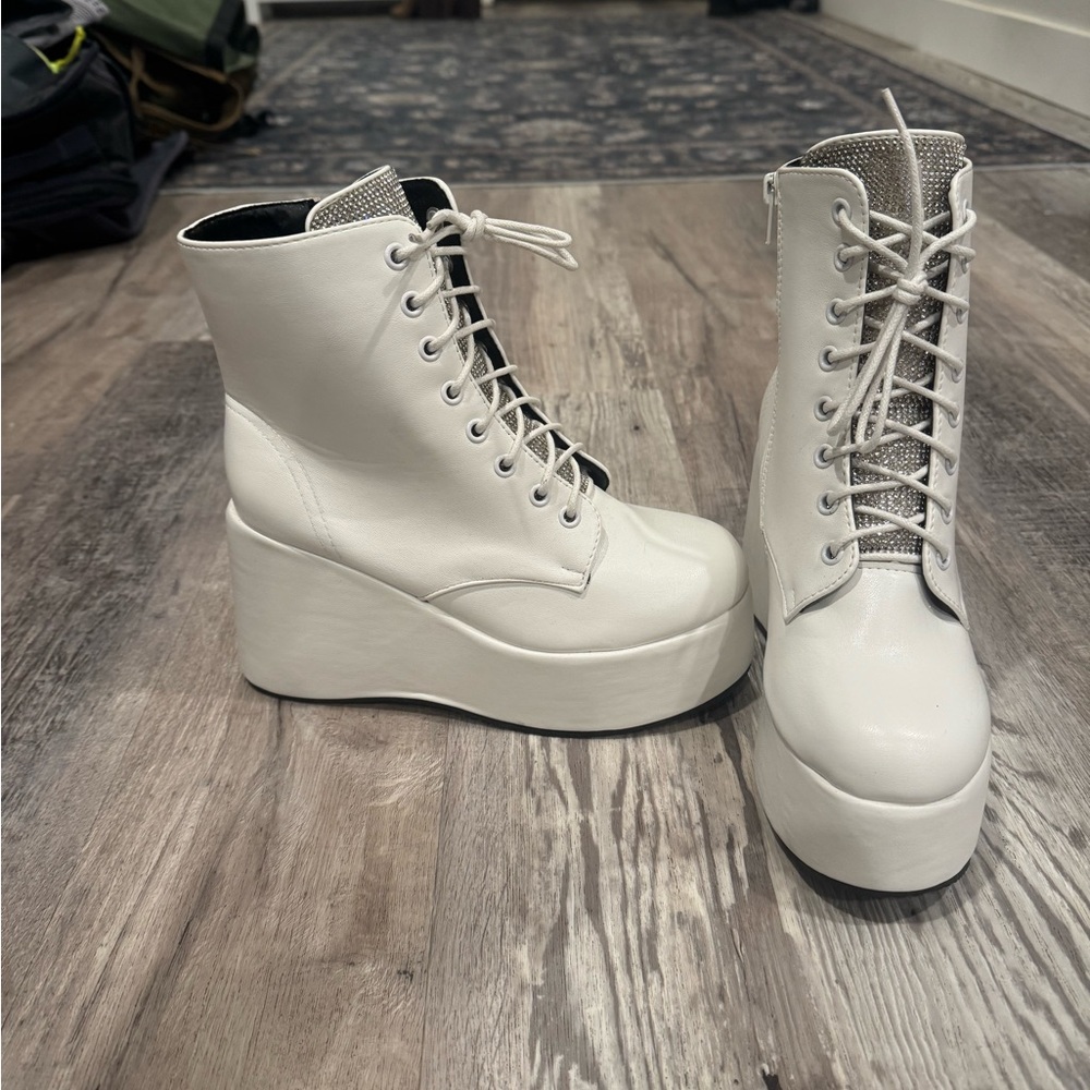 White Rhinestone Lace-Up Platform Boots